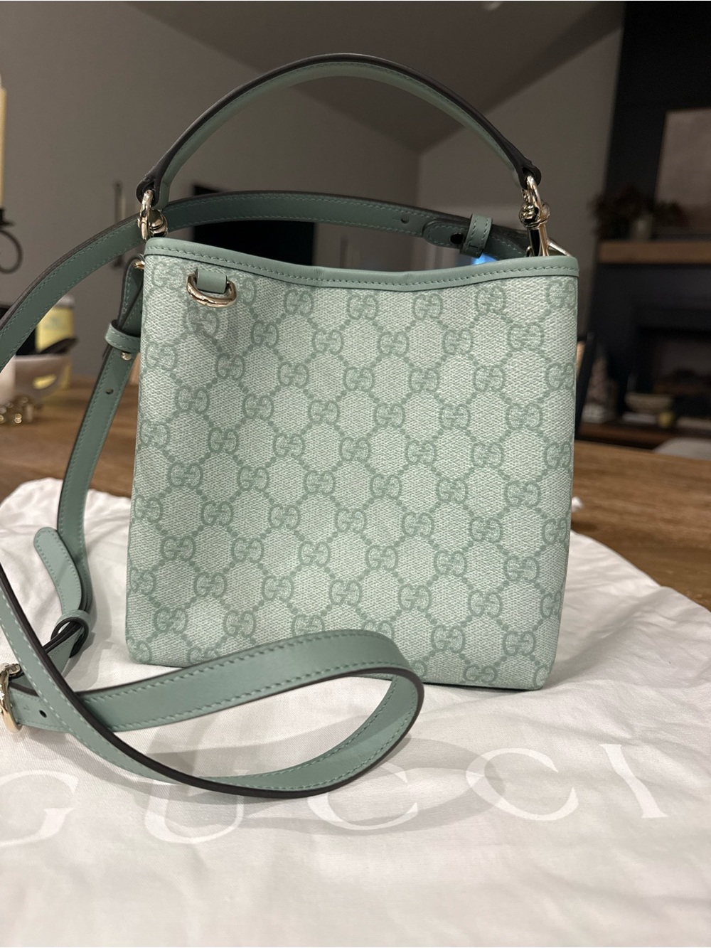 GG Supreme Monogram Emblem Small Shoulder Bag Sage Green